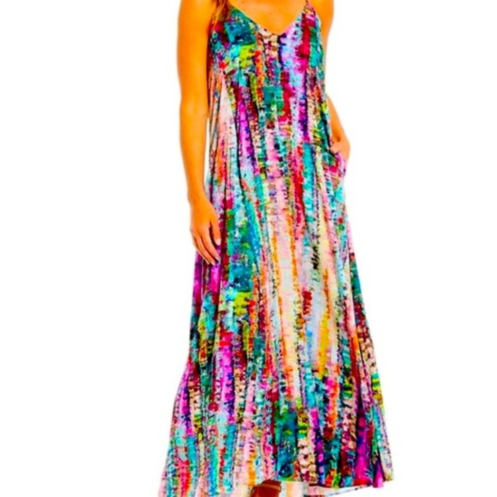 Nicole Miller watercolor print pocket maxi summer dress size L
